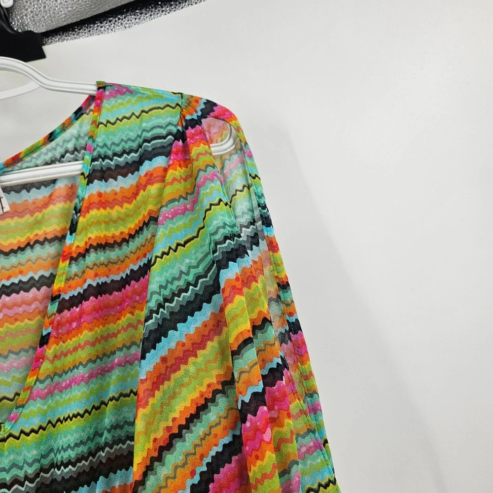 Luli Fama Coverup Dress Multicolor Mesh Sheer Striped Chevron V-neck Tunic Sz S